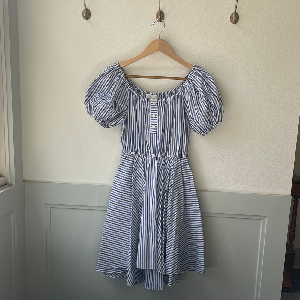 Caroline Constas Blue and White Striped Puff-Sleeve Mini Dress